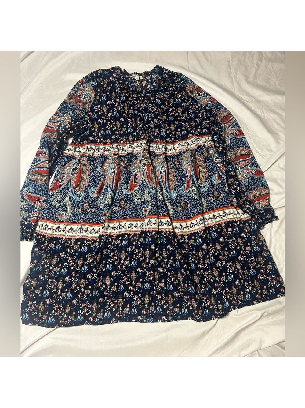 Umgee Size Small Long Sleeve Dress Blue Bohemian Hippie